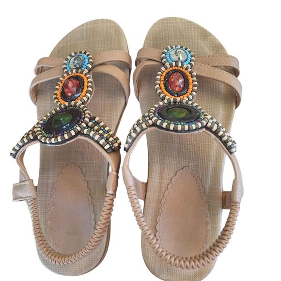 Siketu STONE-EMBELLISHED Flat Sandal Beaded Boho T-strap size US 7 EU 38 - Picture 5 of 9